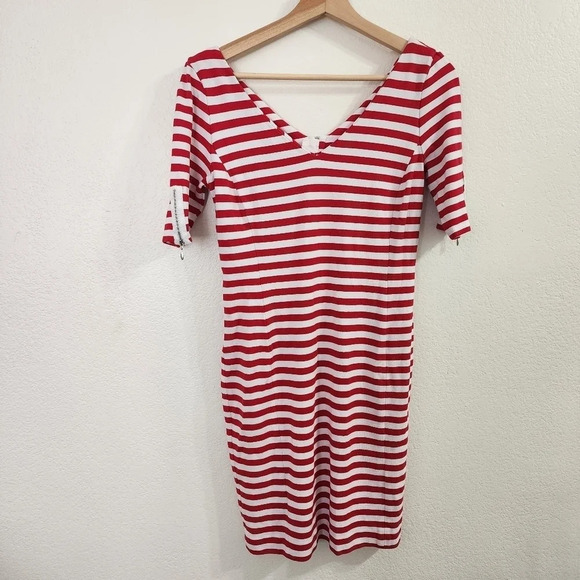 BANANA REPUBLIC Striped Zipped Back Ponte V Neck Dress Red White Size 4 - Picture 2 of 12